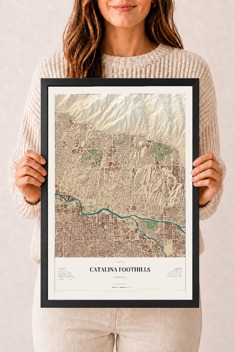 Map of Catalina Foothills, Arizona, 12 x 18 inch print in a black wood frame