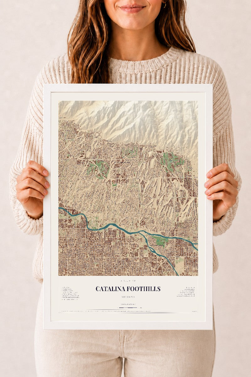 Map of Catalina Foothills, Arizona, 12 x 18 inch print in a white wood frame