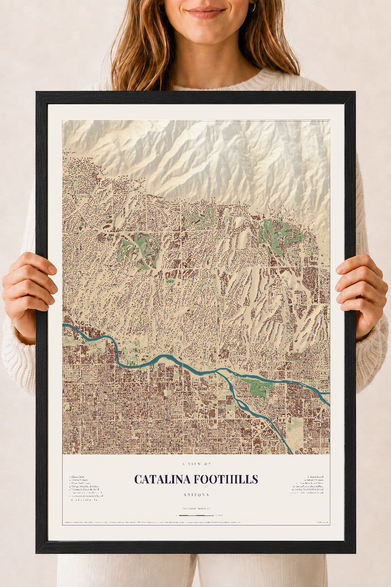 Map of Catalina Foothills, Arizona, 18 x 24 inch print in a black wood frame