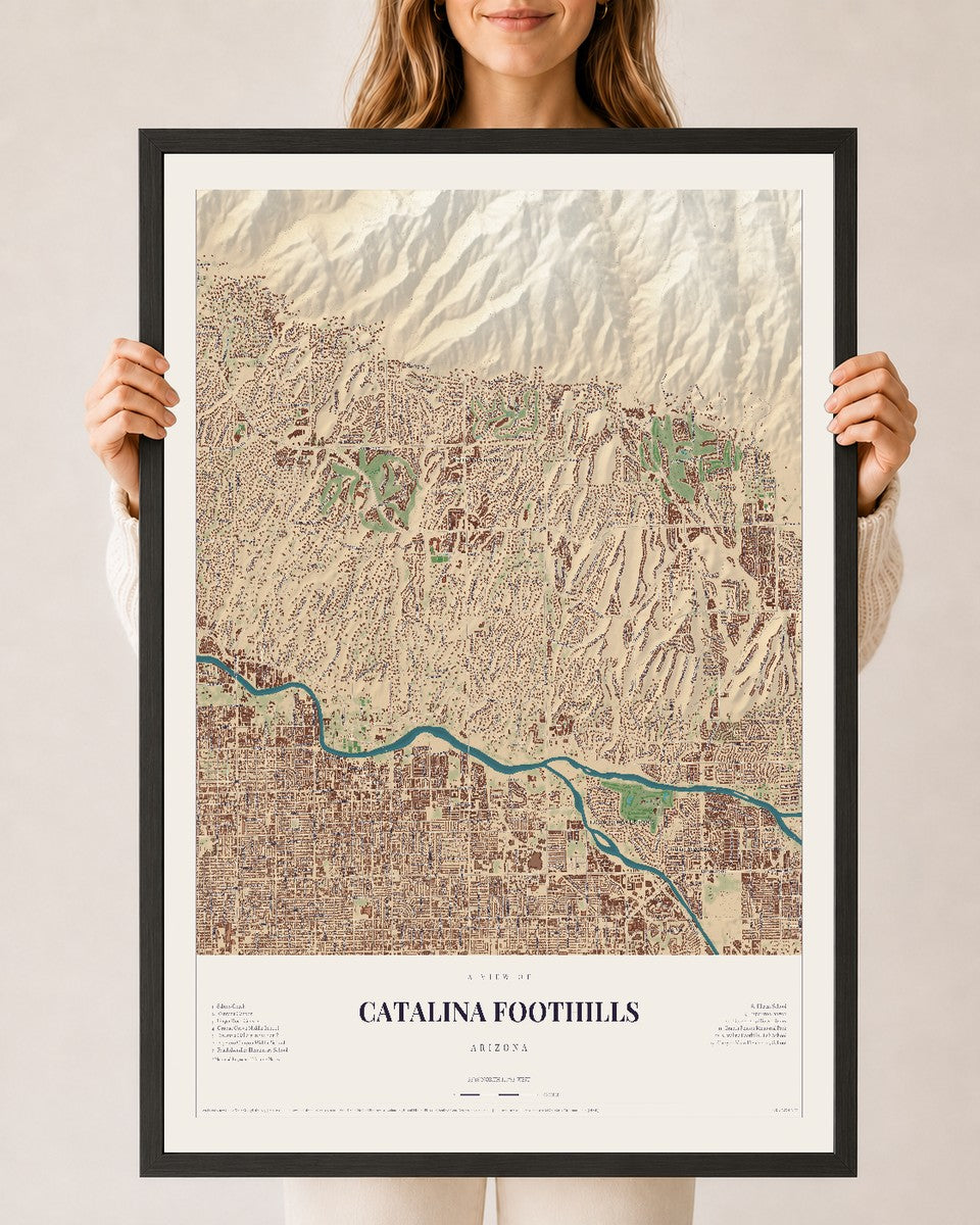 Map of Catalina Foothills, Arizona, 24 x 36 inch print in a black wood frame
