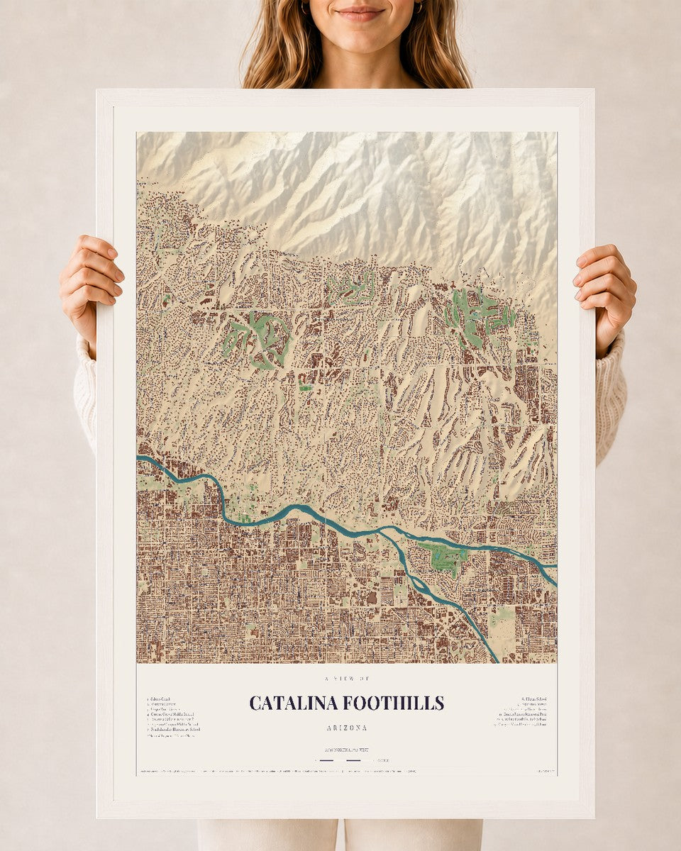 Map of Catalina Foothills, Arizona, 24 x 36 inch print in a white wood frame