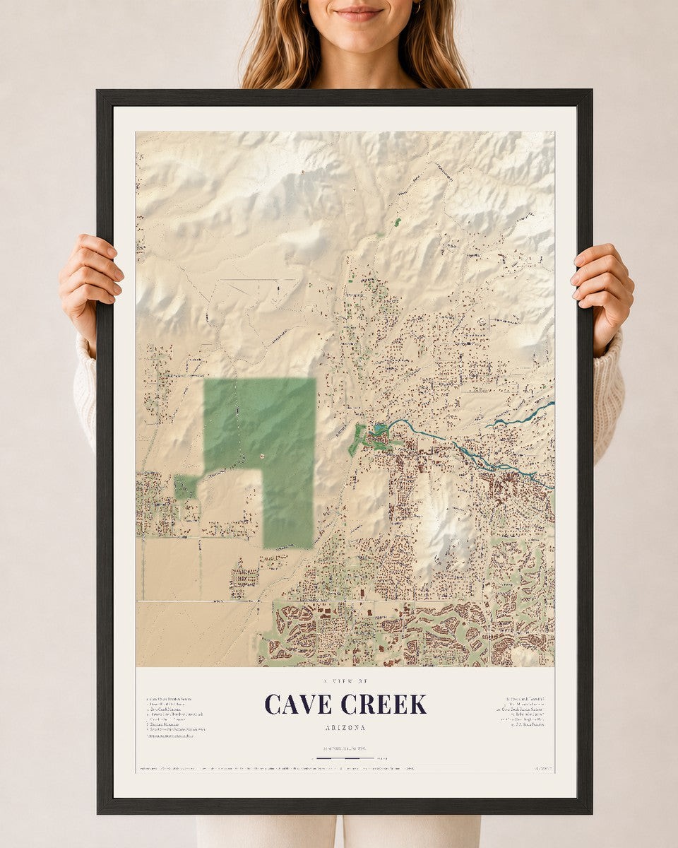 Cave Creek, Arizona map print, 24" x 36", W/ Black Ayous Wood Frame