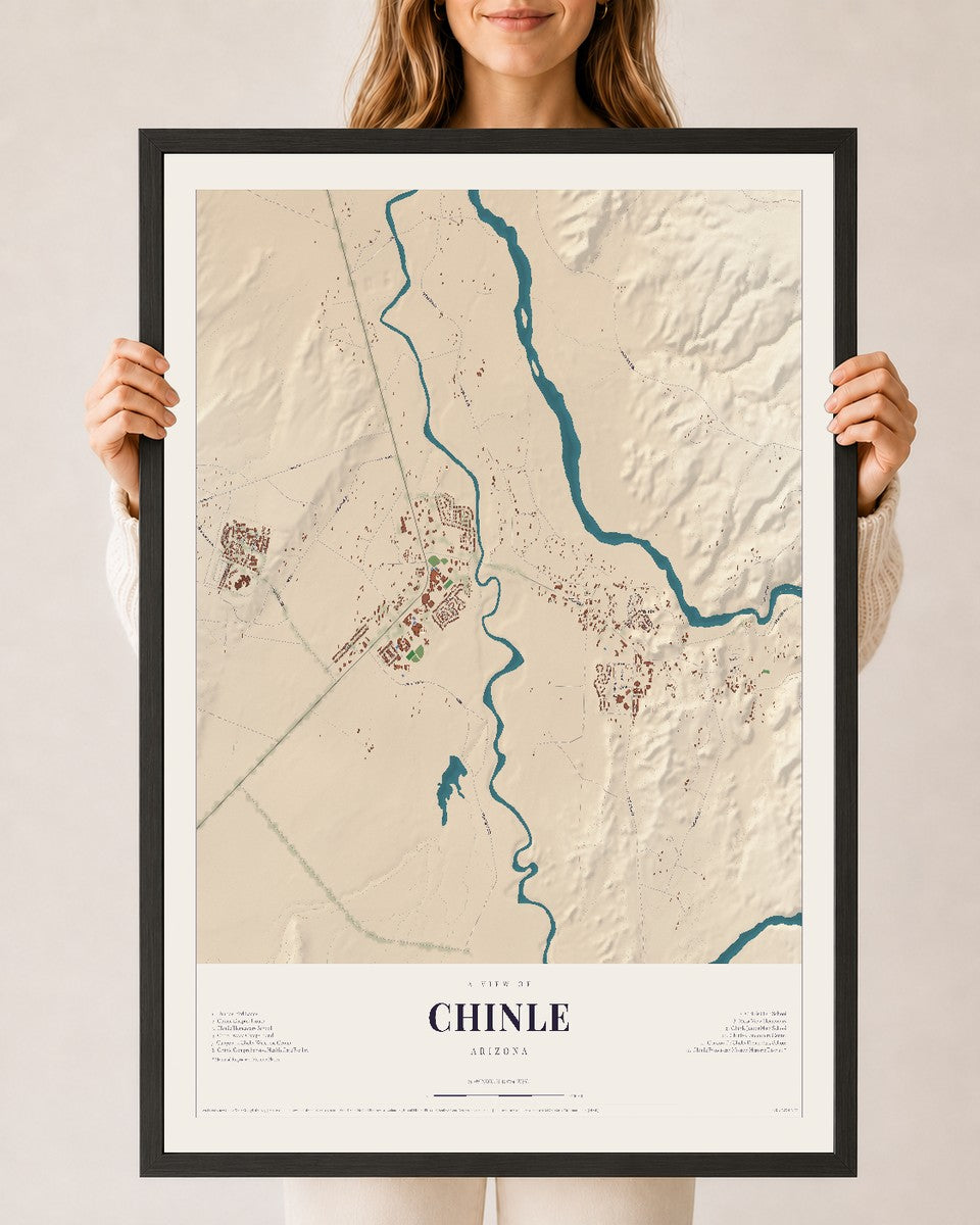 Map of Chinle, Arizona, 24 x 36 inch print in a black wood frame