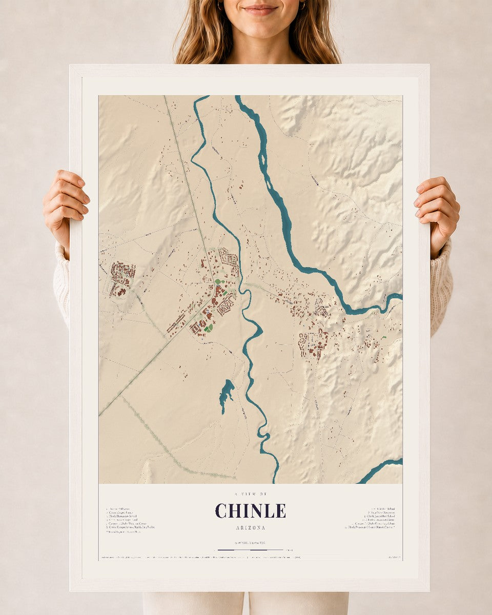 Map of Chinle, Arizona, 24 x 36 inch print in a white wood frame