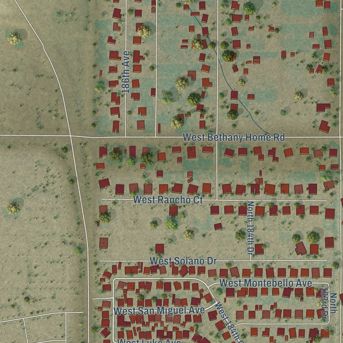 Close-up of the map of Citrus Park, Arizona print showing street and building detail