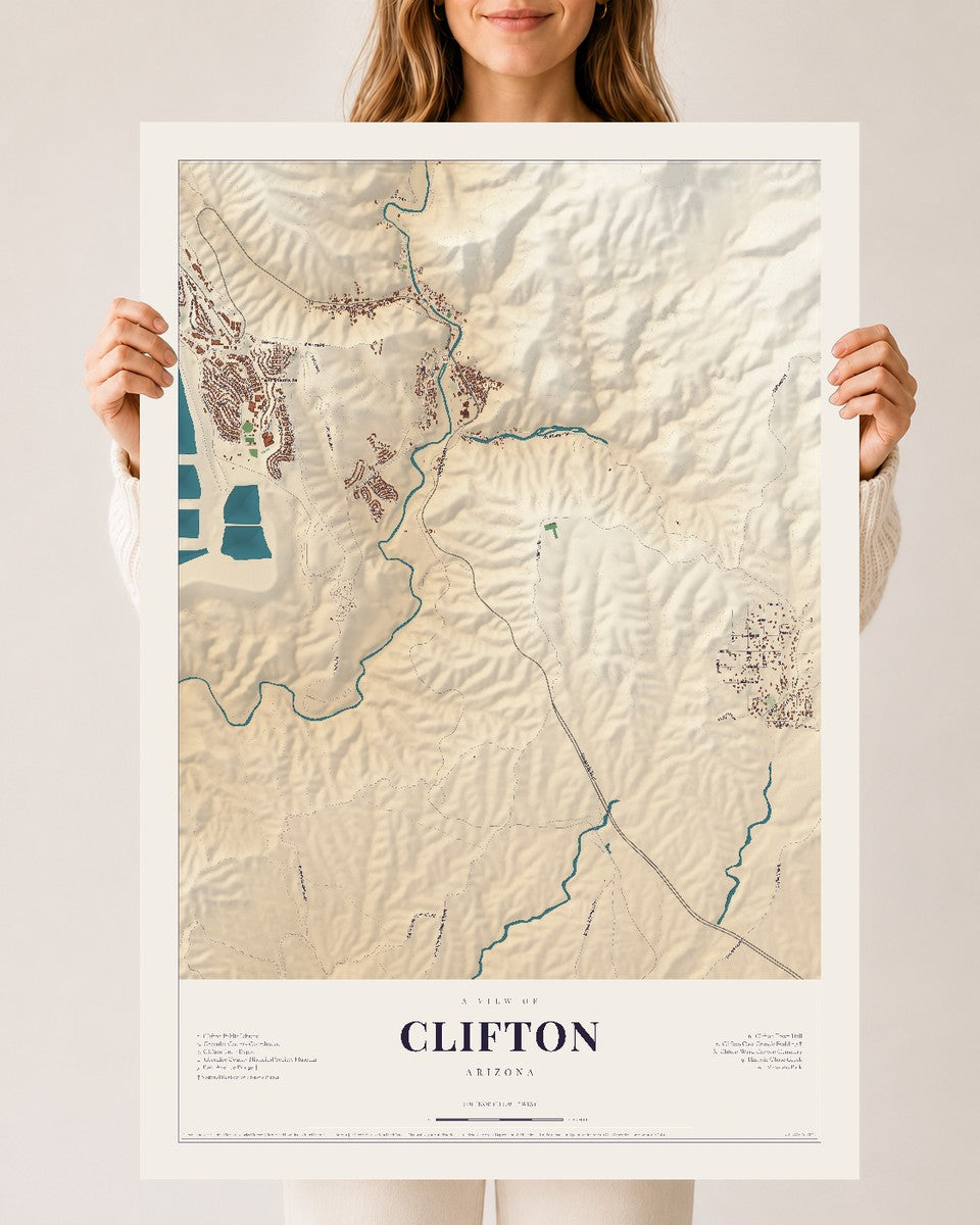 Clifton, Arizona map print, 24" x 36", Archival Matte Print