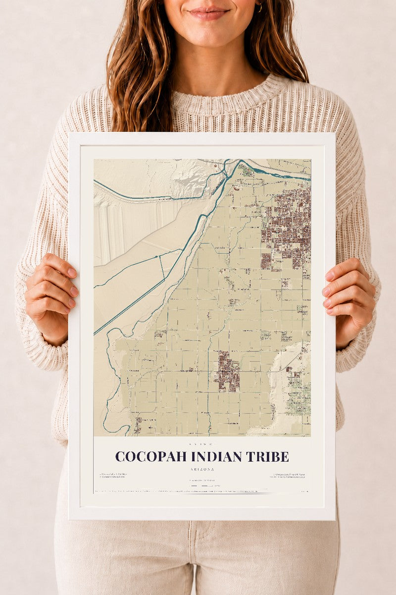Cocopah Indian Tribe, Arizona map print, 12" x 18", W/ White Ayous Wood Frame