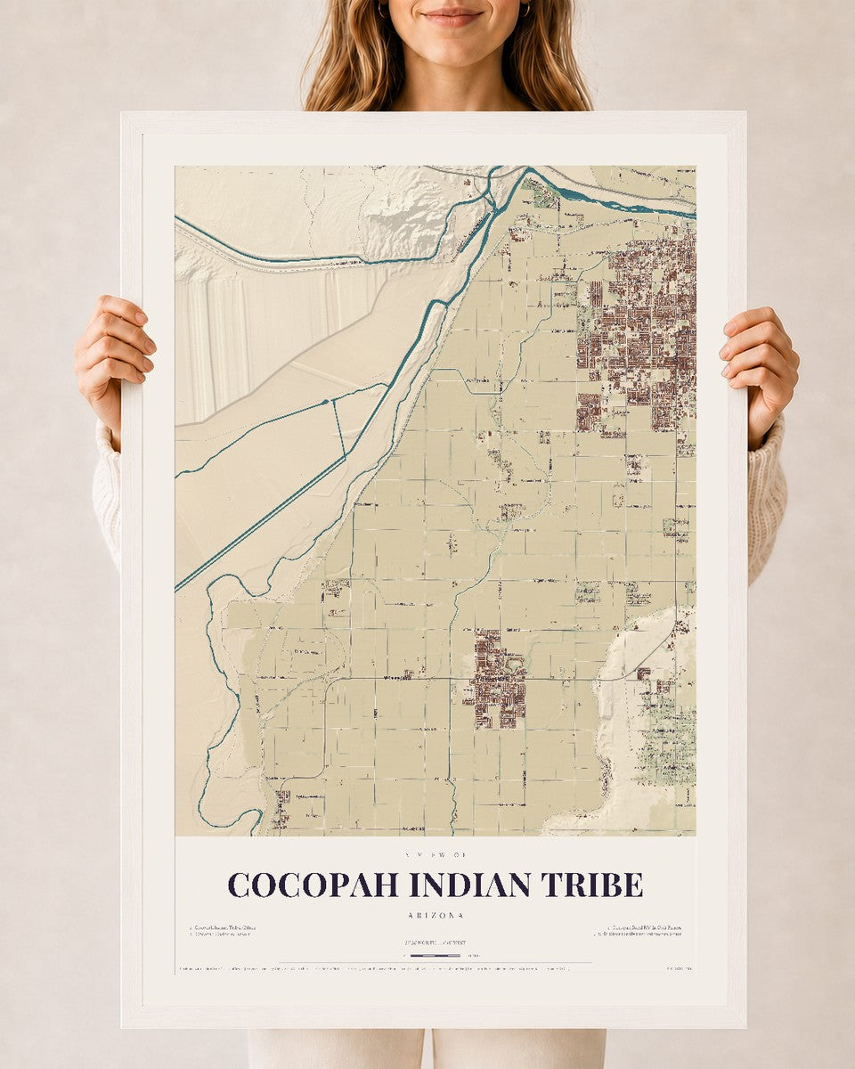 Cocopah Indian Tribe, Arizona map print, 24" x 36", W/ White Ayous Wood Frame