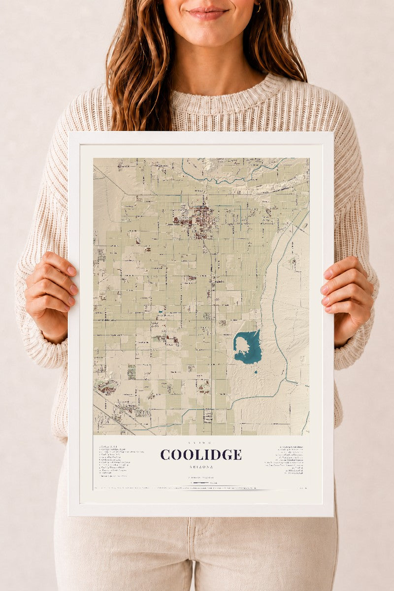 Coolidge, Arizona map print, 12" x 18", W/ White Ayous Wood Frame