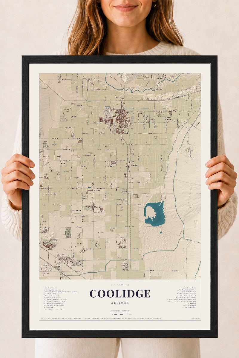 Coolidge, Arizona map print, 18" x 24", W/ Black Ayous Wood Frame