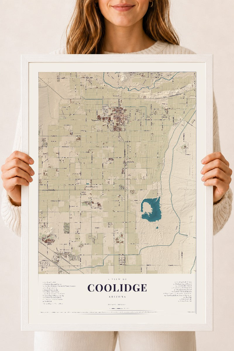 Coolidge, Arizona map print, 18" x 24", W/ White Ayous Wood Frame