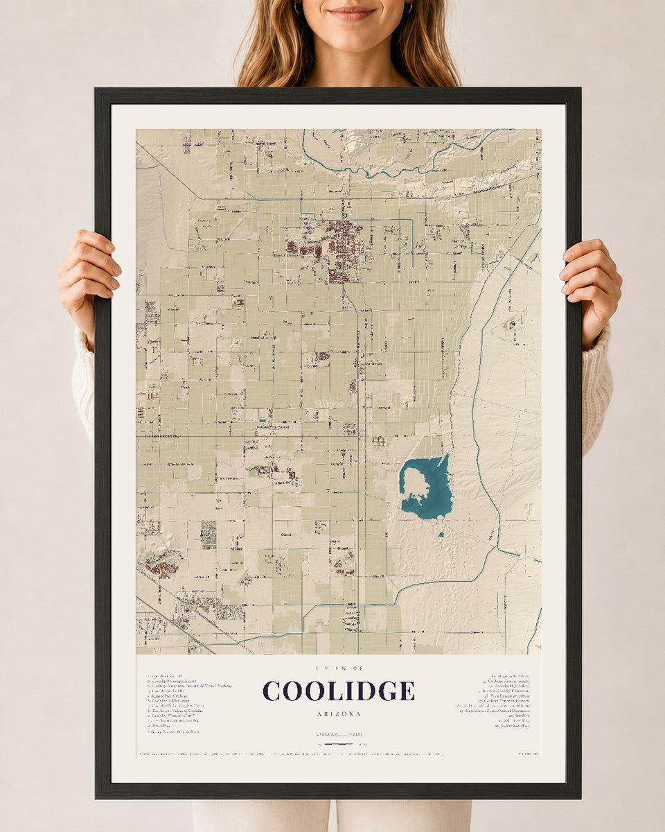 Coolidge, Arizona map print, 24" x 36", W/ Black Ayous Wood Frame