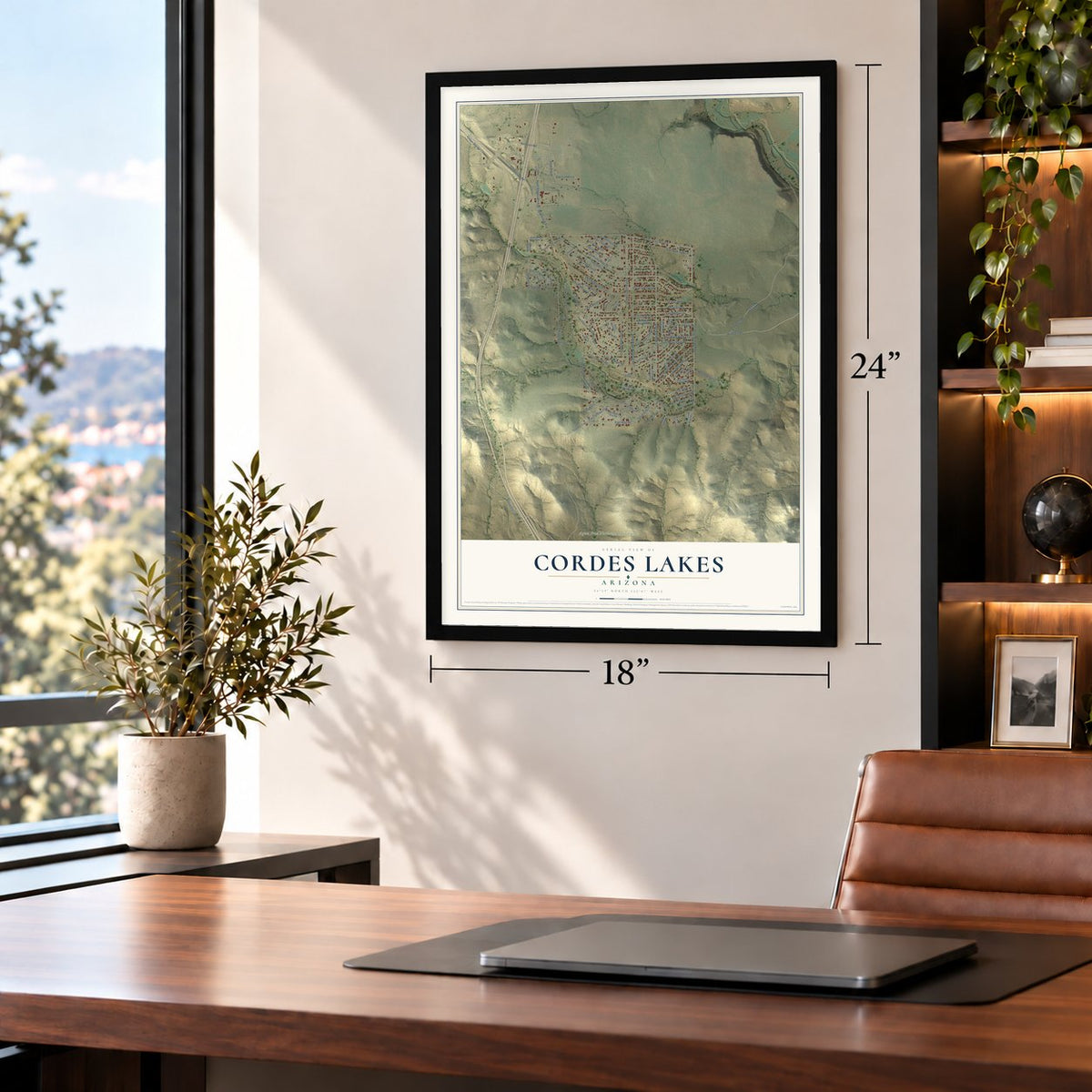 Cordes Lakes, Arizona map, 18 x 24 inch print in a black frame in a home office