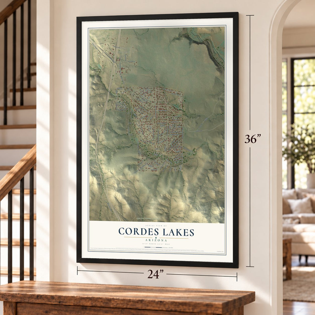 Cordes Lakes, Arizona map, 24 x 36 inch print in a black frame by a staircase