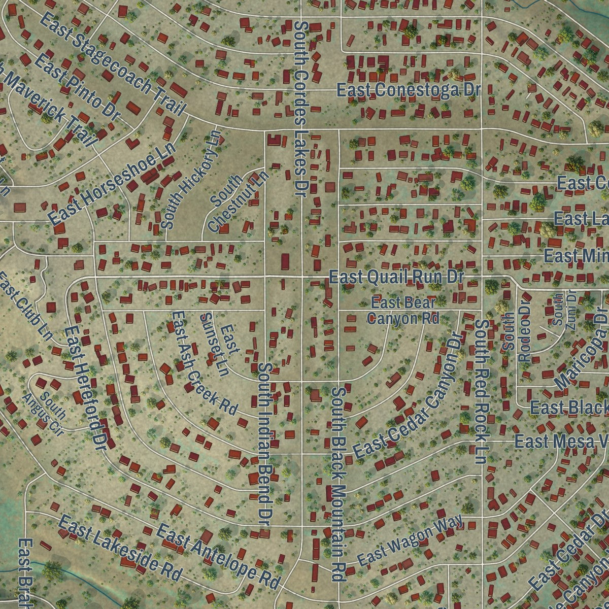 Close-up of the map of Cordes Lakes, Arizona print showing street and building detail