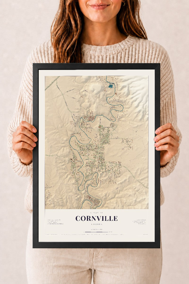 Cornville, Arizona map print, 12" x 18", W/ Black Ayous Wood Frame