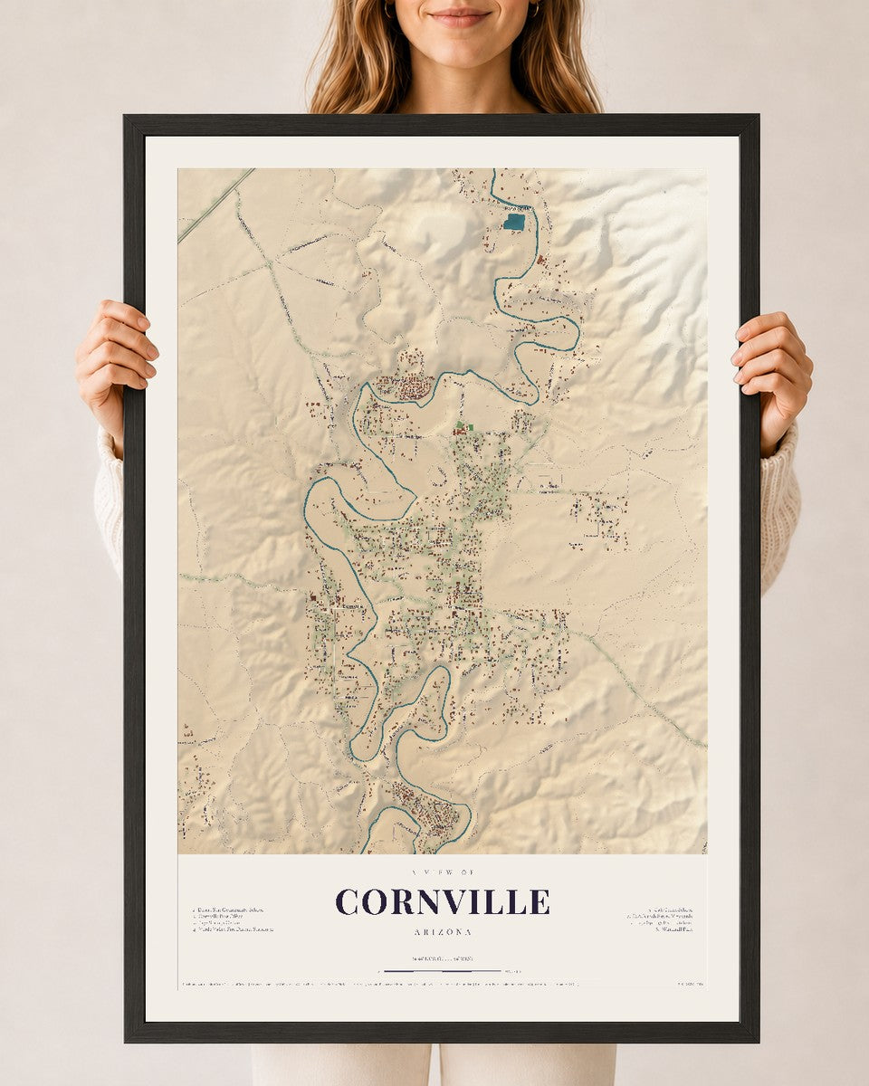 Cornville, Arizona map print, 24" x 36", W/ Black Ayous Wood Frame