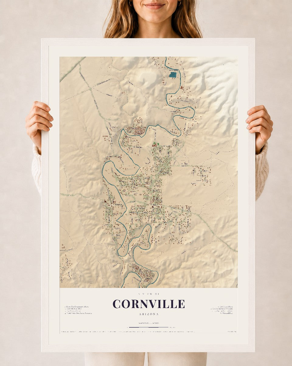 Cornville, Arizona map print, 24" x 36", W/ White Ayous Wood Frame