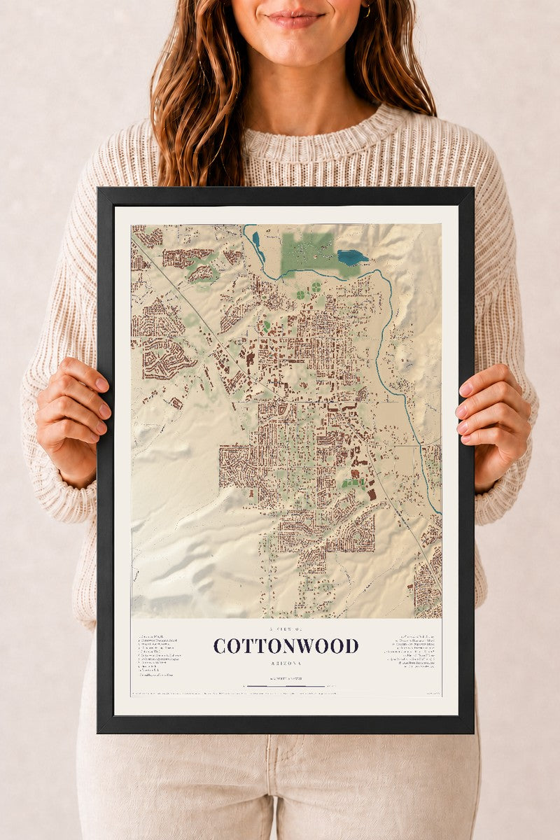 Cottonwood, Arizona map print, 12" x 18", W/ Black Ayous Wood Frame