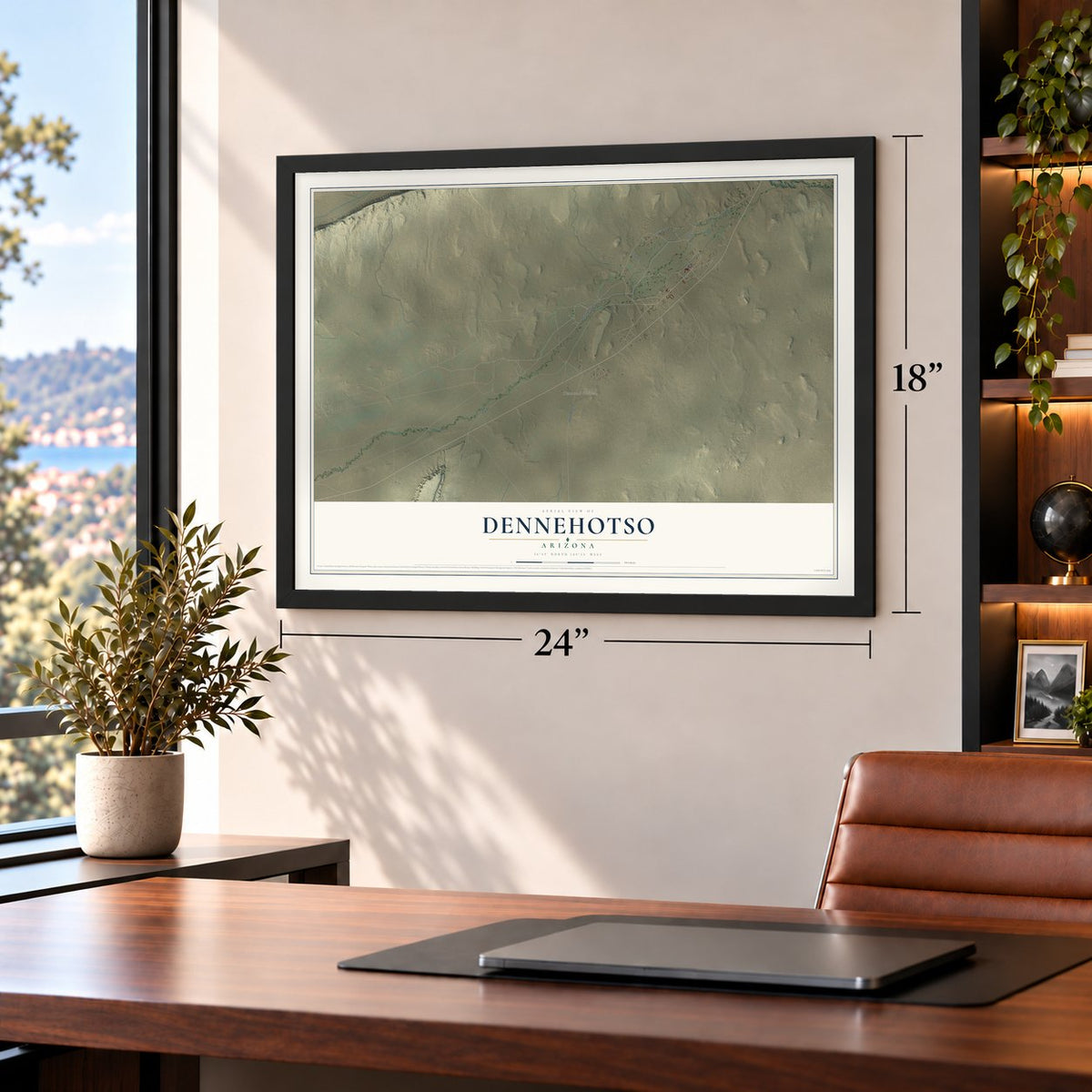 Dennehotso, Arizona map, 18 x 24 inch print in a black frame in a home office