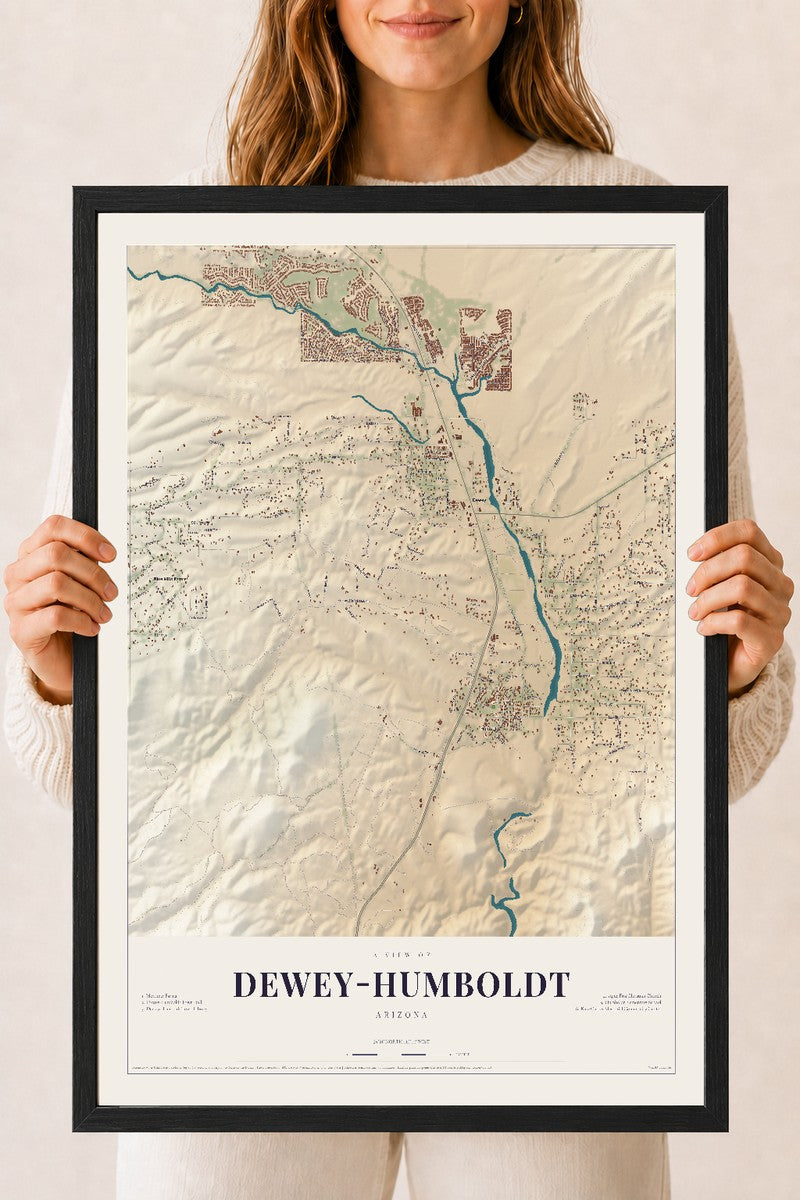 Map of Dewey-Humboldt, Arizona, 18 x 24 inch print in a black wood frame