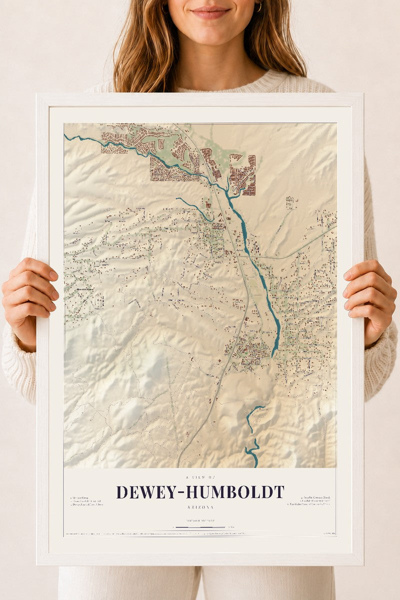 Map of Dewey-Humboldt, Arizona, 18 x 24 inch print in a white wood frame