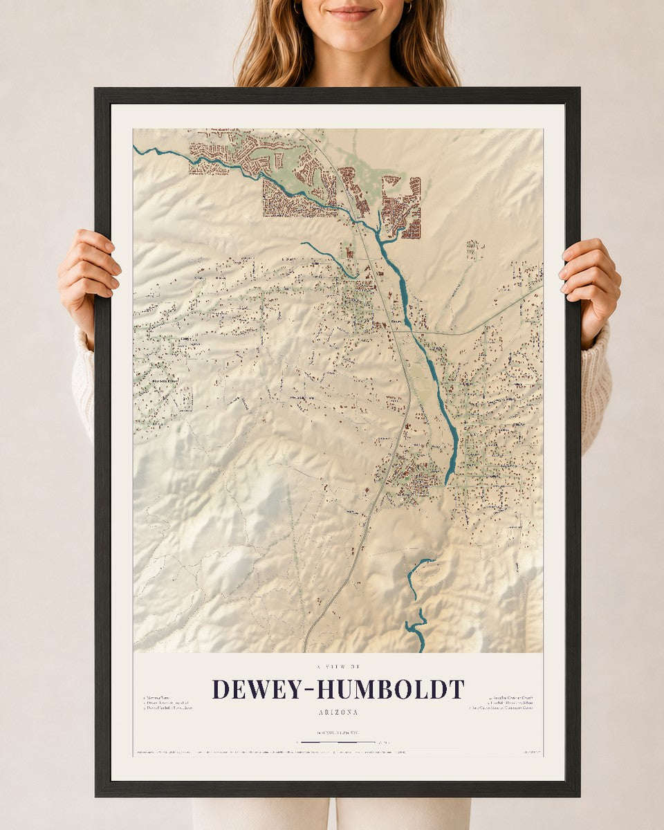 Map of Dewey-Humboldt, Arizona, 24 x 36 inch print in a black wood frame