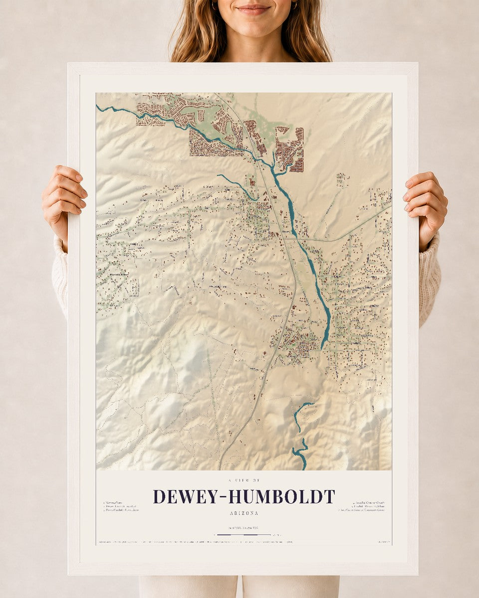 Map of Dewey-Humboldt, Arizona, 24 x 36 inch print in a white wood frame