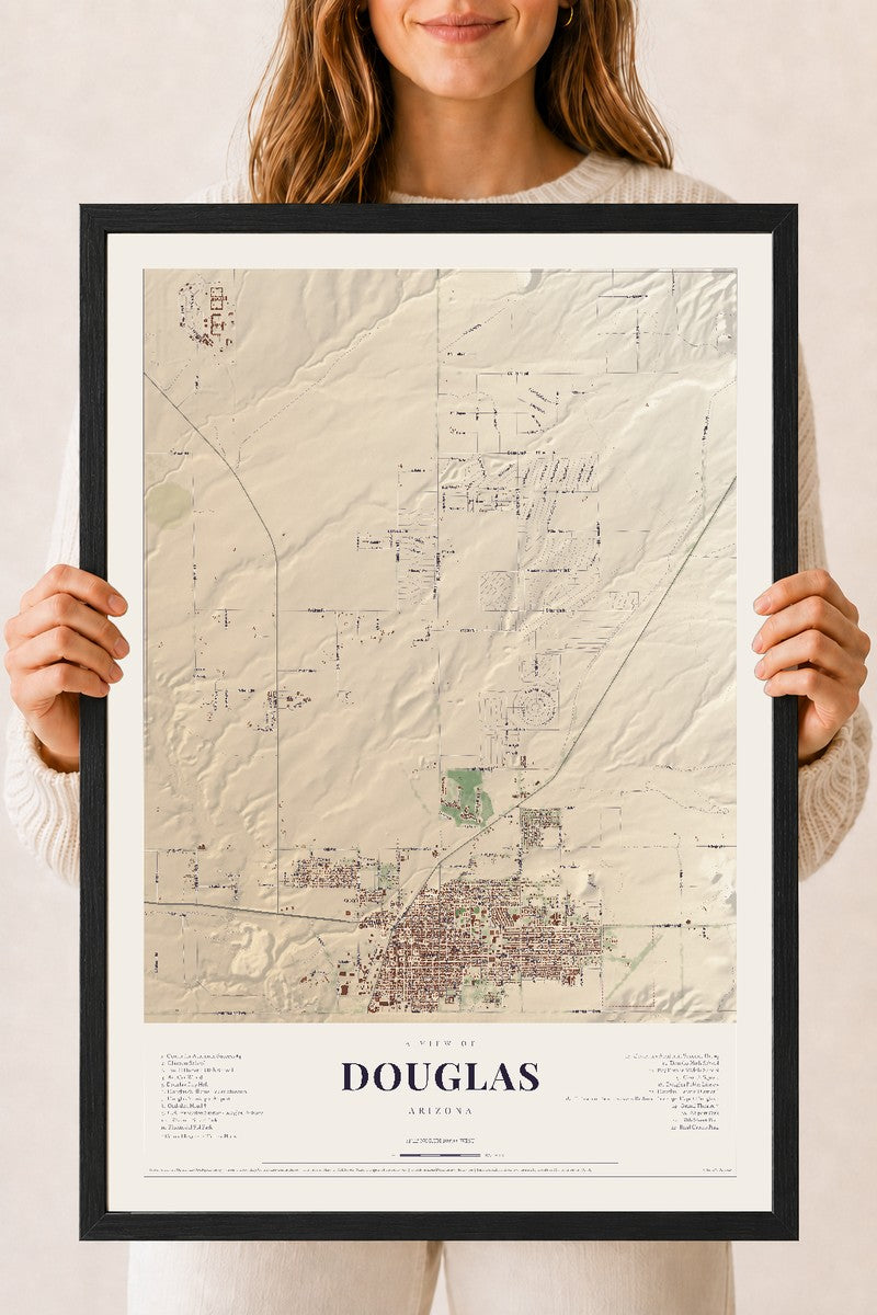 Douglas, Arizona map print, 18" x 24", W/ Black Ayous Wood Frame