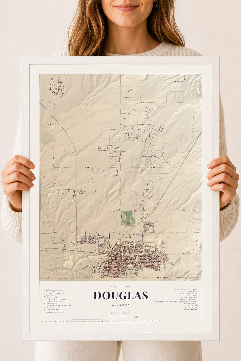 Douglas, Arizona map print, 18" x 24", W/ White Ayous Wood Frame