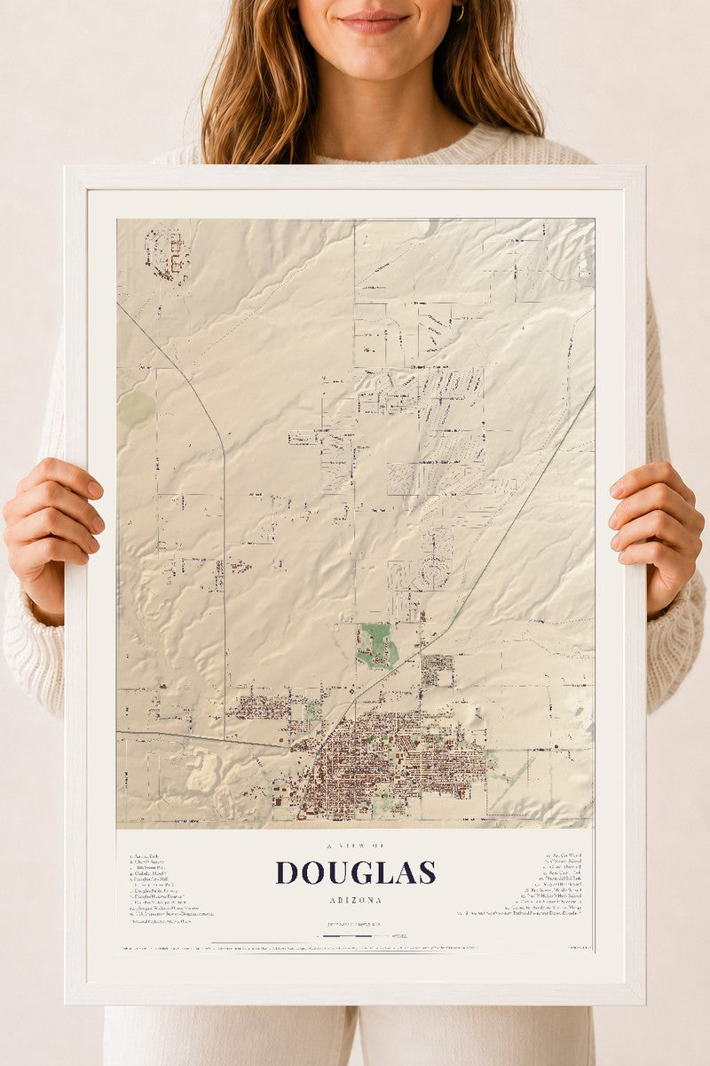 Map of Douglas, Arizona, 18 x 24 inch print in a white wood frame