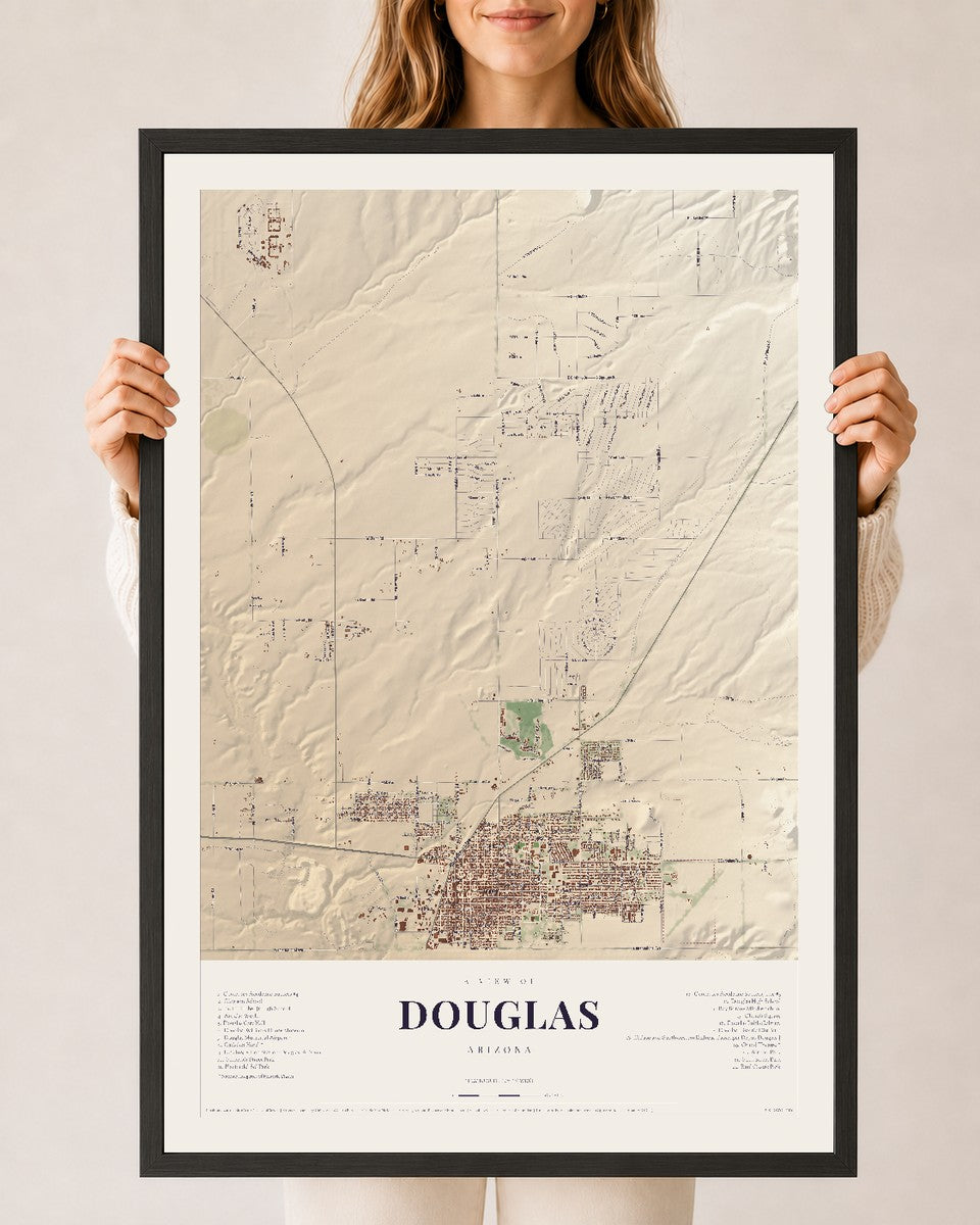 Douglas, Arizona map print, 24" x 36", W/ Black Ayous Wood Frame