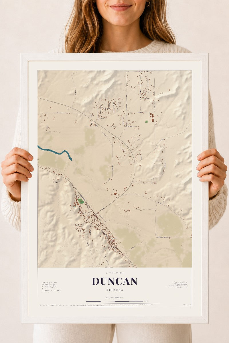 Duncan, Arizona map print, 18" x 24", W/ White Ayous Wood Frame