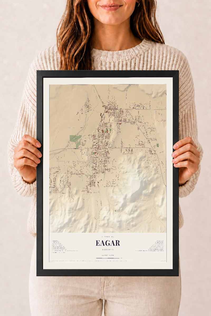 Map of Eagar, Arizona, 12 x 18 inch print in a black wood frame