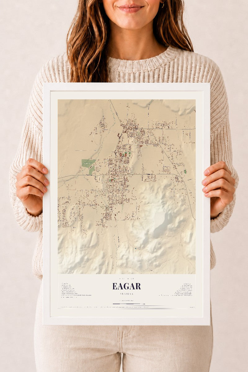 Map of Eagar, Arizona, 12 x 18 inch print in a white wood frame