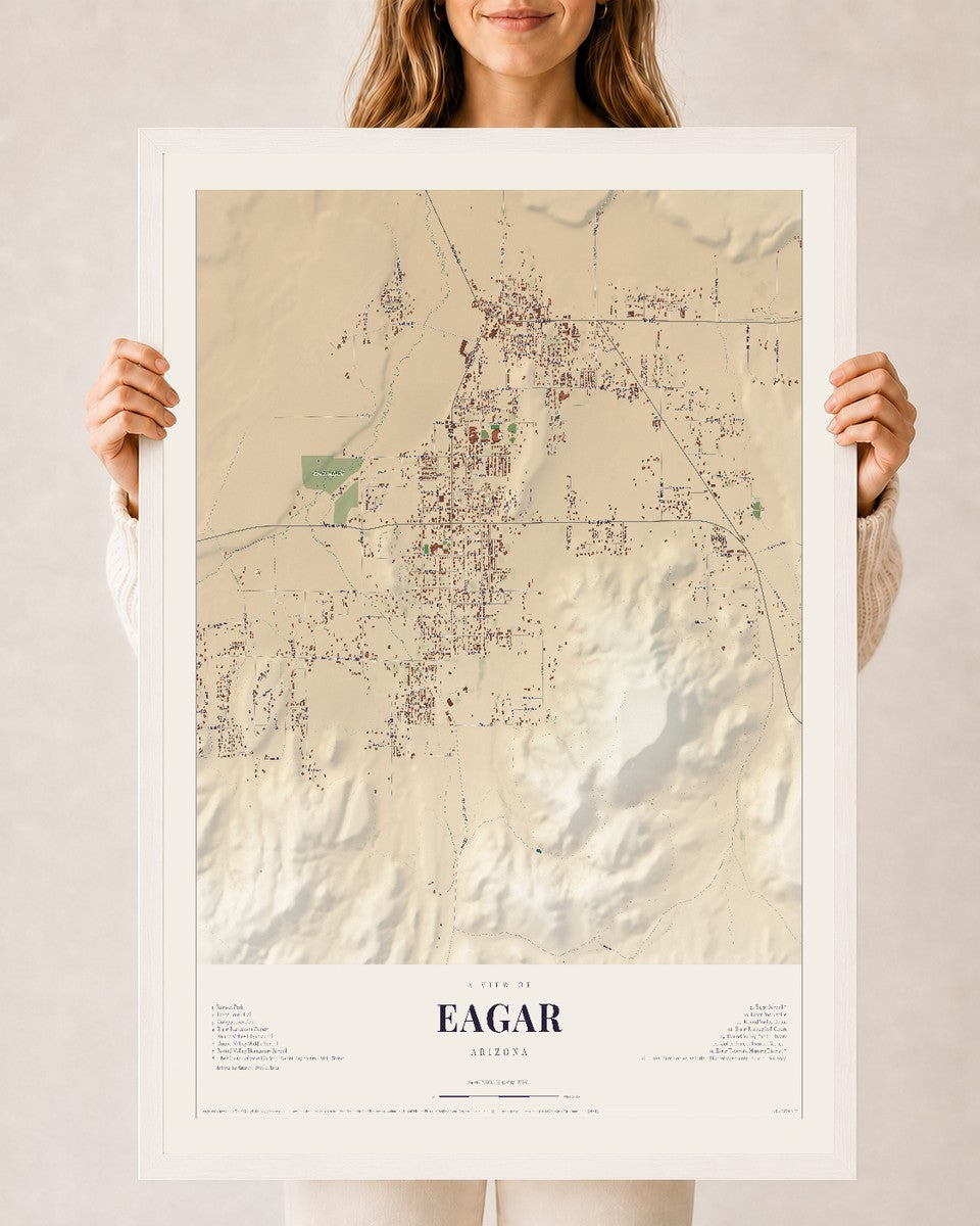 Map of Eagar, Arizona, 24 x 36 inch print in a white wood frame