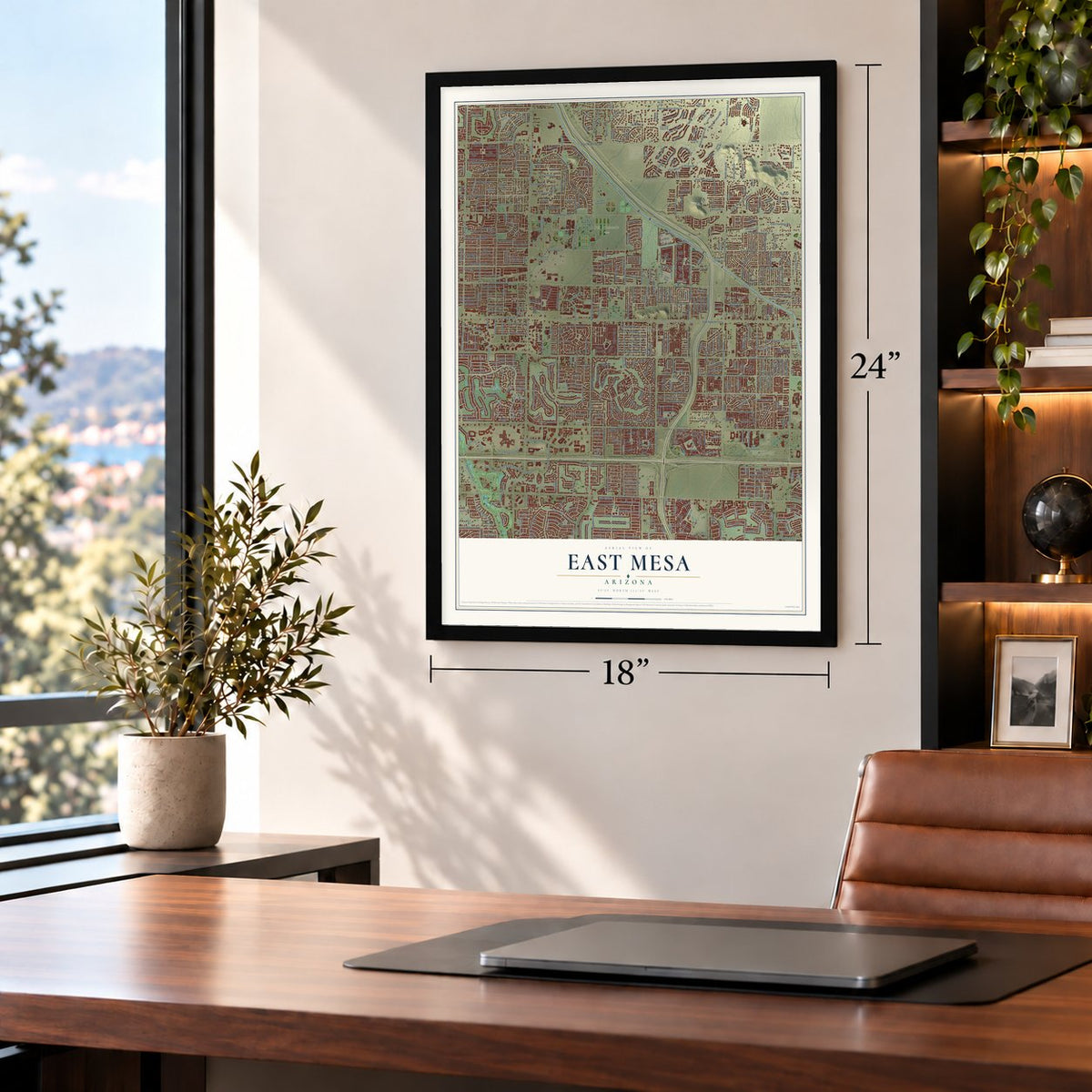 East Mesa, Arizona map, 18 x 24 inch print in a black frame in a home office