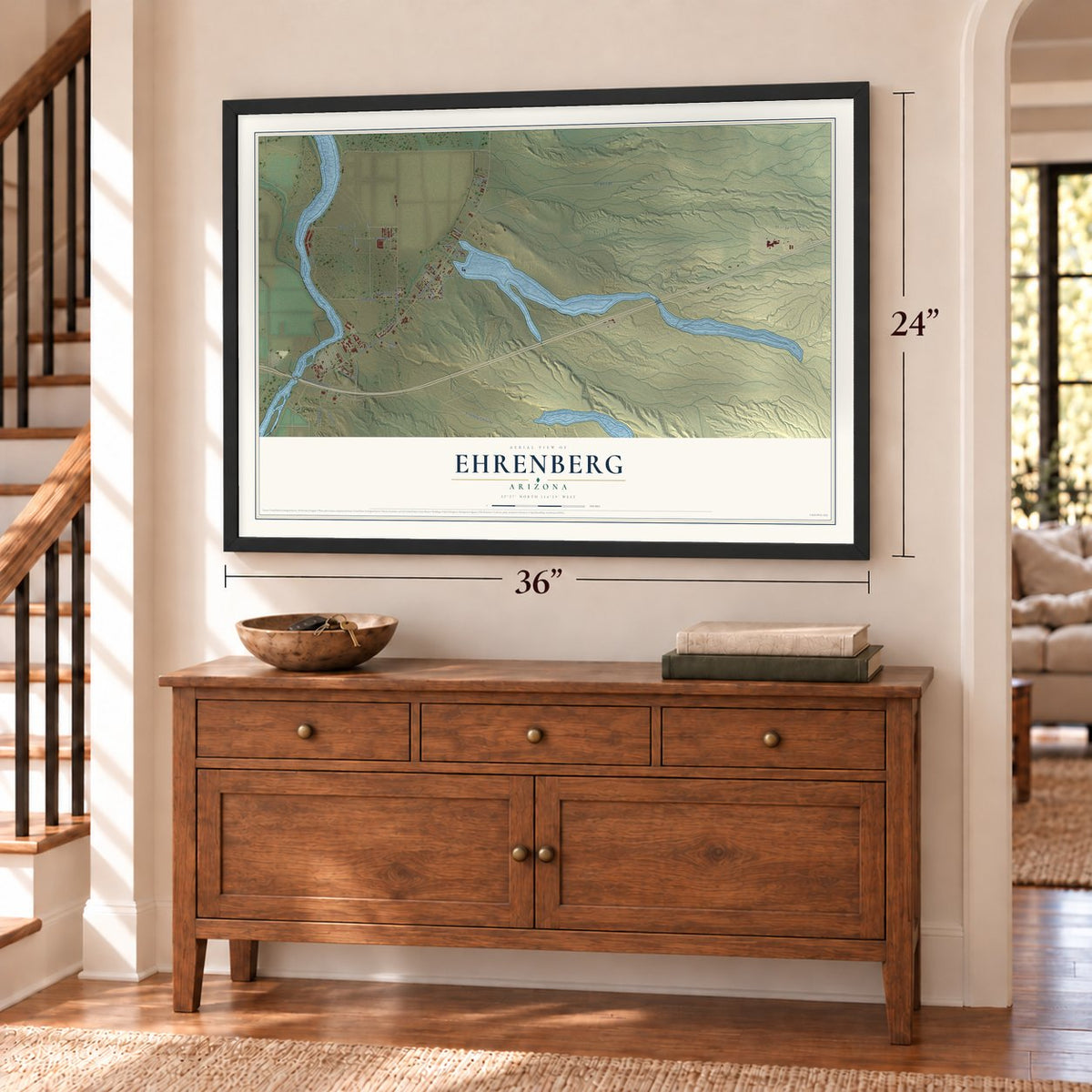 Ehrenberg, Arizona map, 24 x 36 inch print in a black frame above a dresser by a staircase