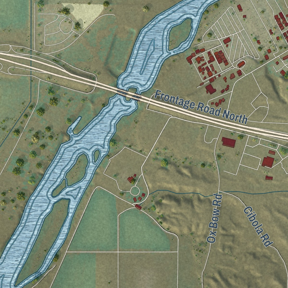 Close-up of the map of Ehrenberg, Arizona print showing street and building detail