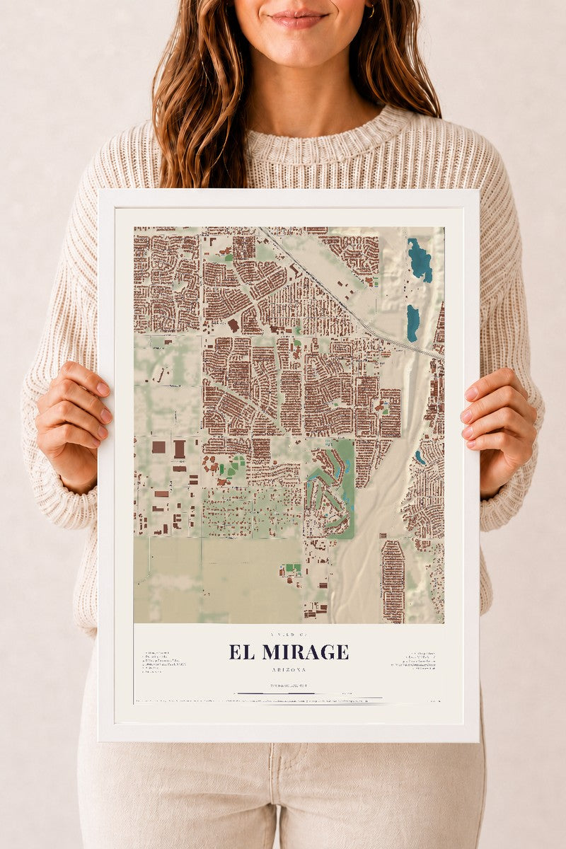 El Mirage, Arizona map print, 12" x 18", W/ White Ayous Wood Frame
