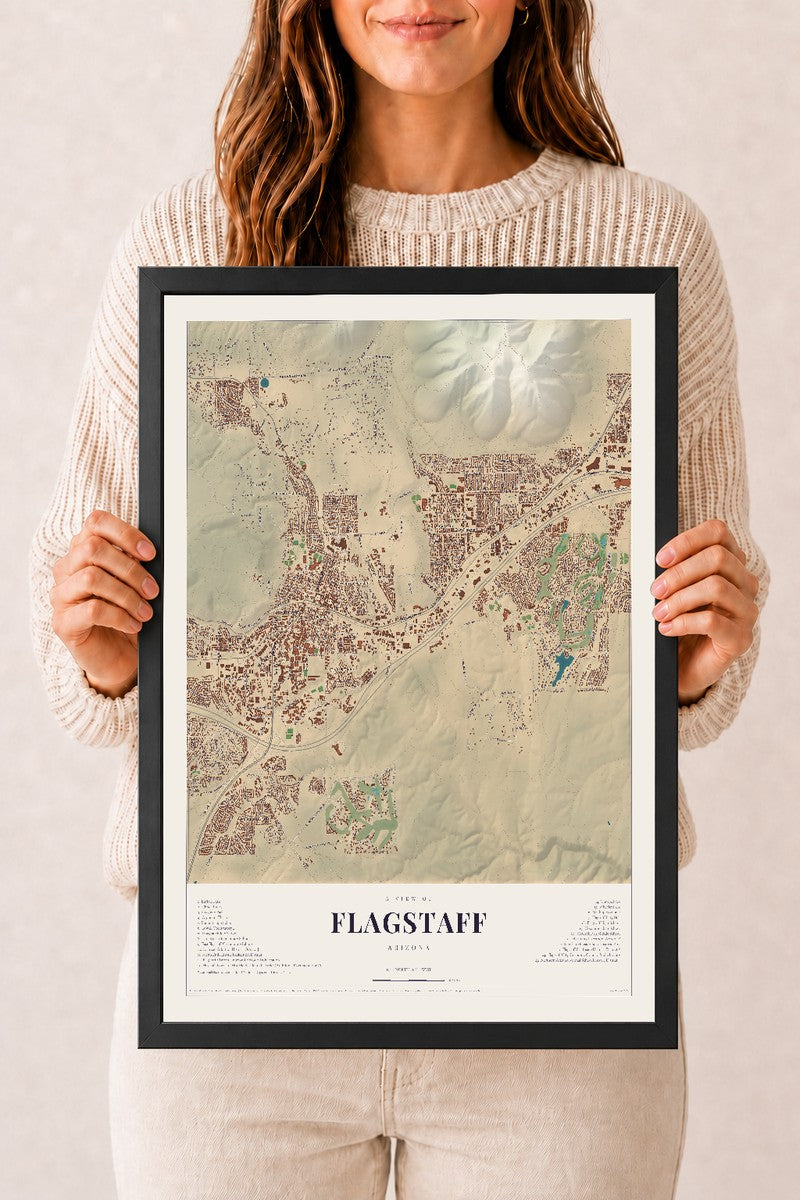 Map of Flagstaff, Arizona, 12 x 18 inch print in a black wood frame