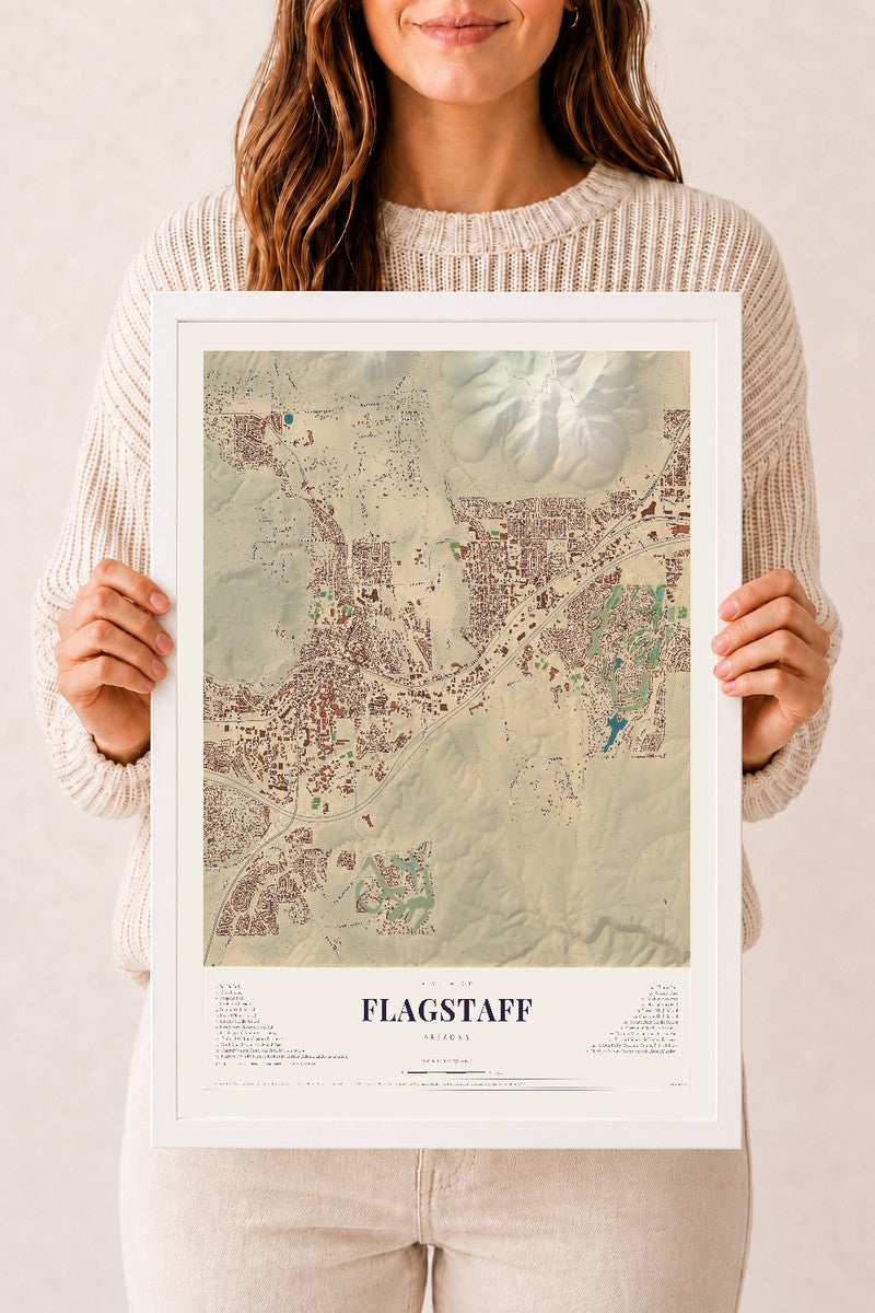 Map of Flagstaff, Arizona, 12 x 18 inch print in a white wood frame