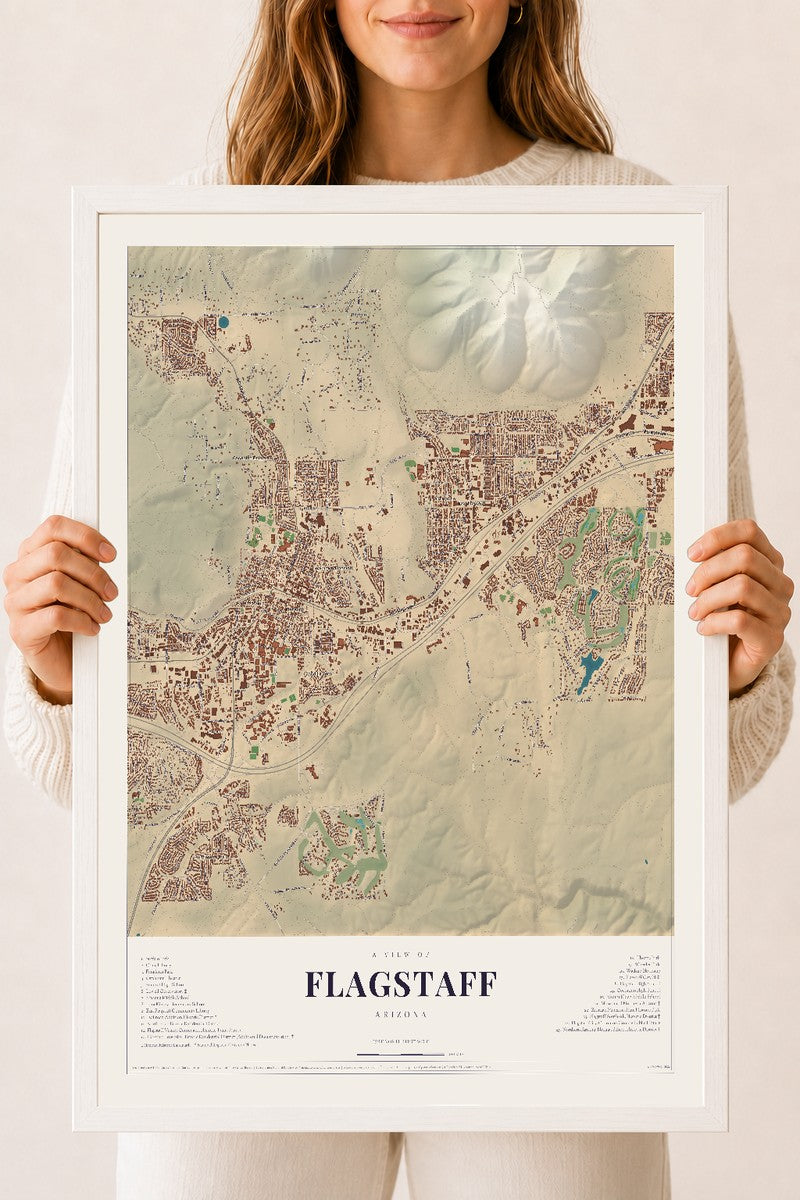 Map of Flagstaff, Arizona, 18 x 24 inch print in a white wood frame