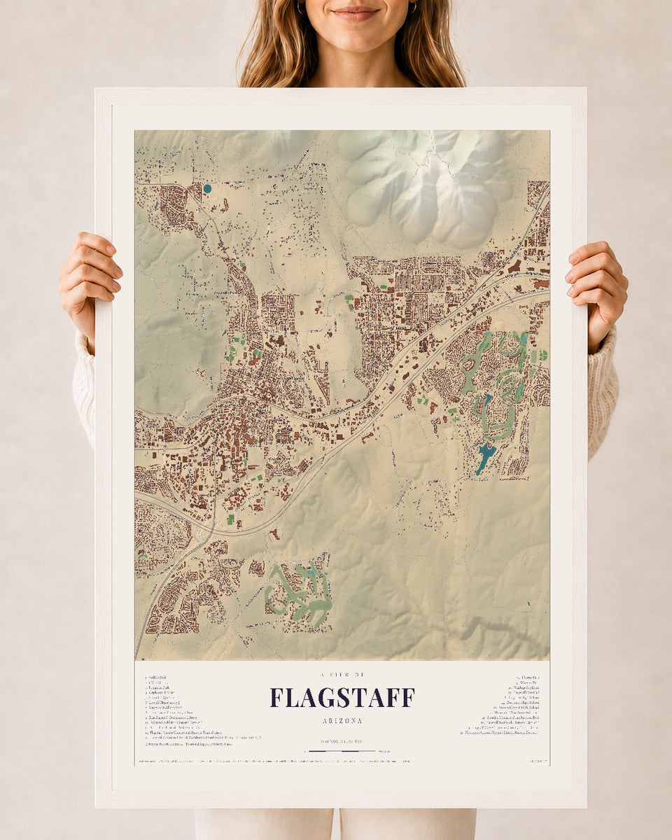 Map of Flagstaff, Arizona, 24 x 36 inch print in a white wood frame
