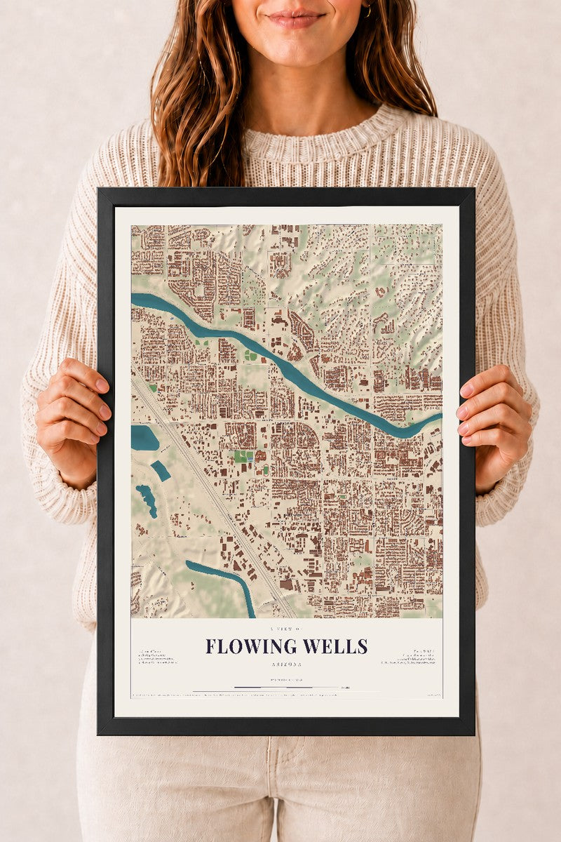 Map of Flowing Wells, Arizona, 12 x 18 inch print in a black wood frame