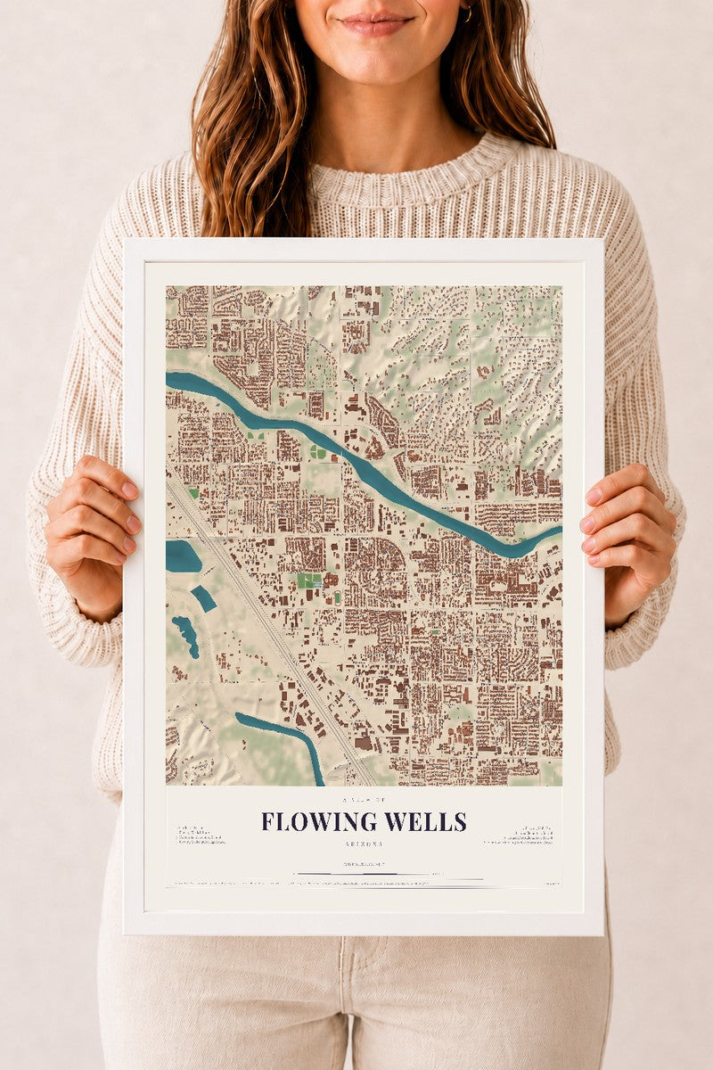 Map of Flowing Wells, Arizona, 12 x 18 inch print in a white wood frame