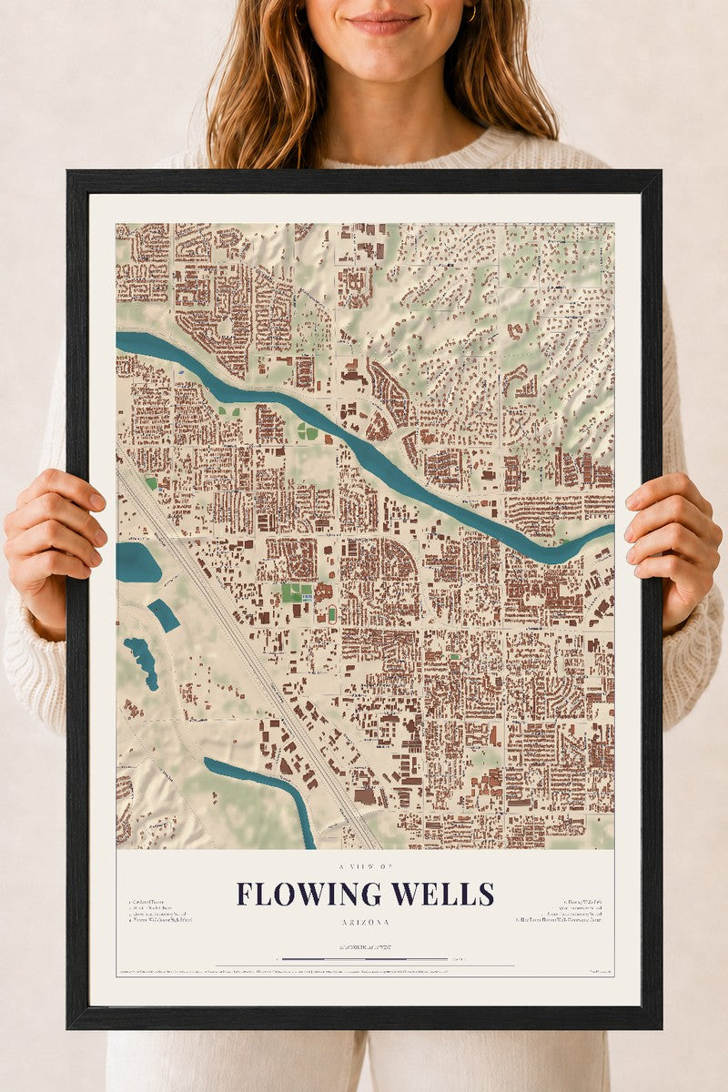 Map of Flowing Wells, Arizona, 18 x 24 inch print in a black wood frame