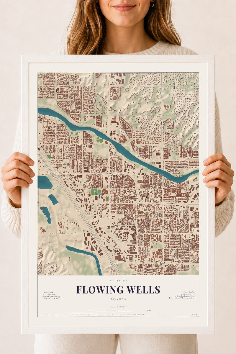Map of Flowing Wells, Arizona, 18 x 24 inch print in a white wood frame