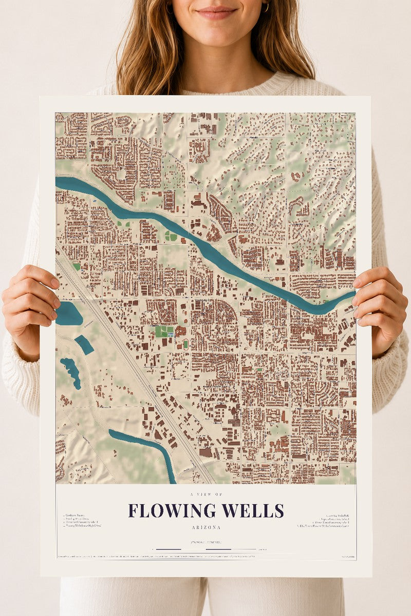 Map of Flowing Wells, Arizona, 18 x 24 inch unframed archival matte print