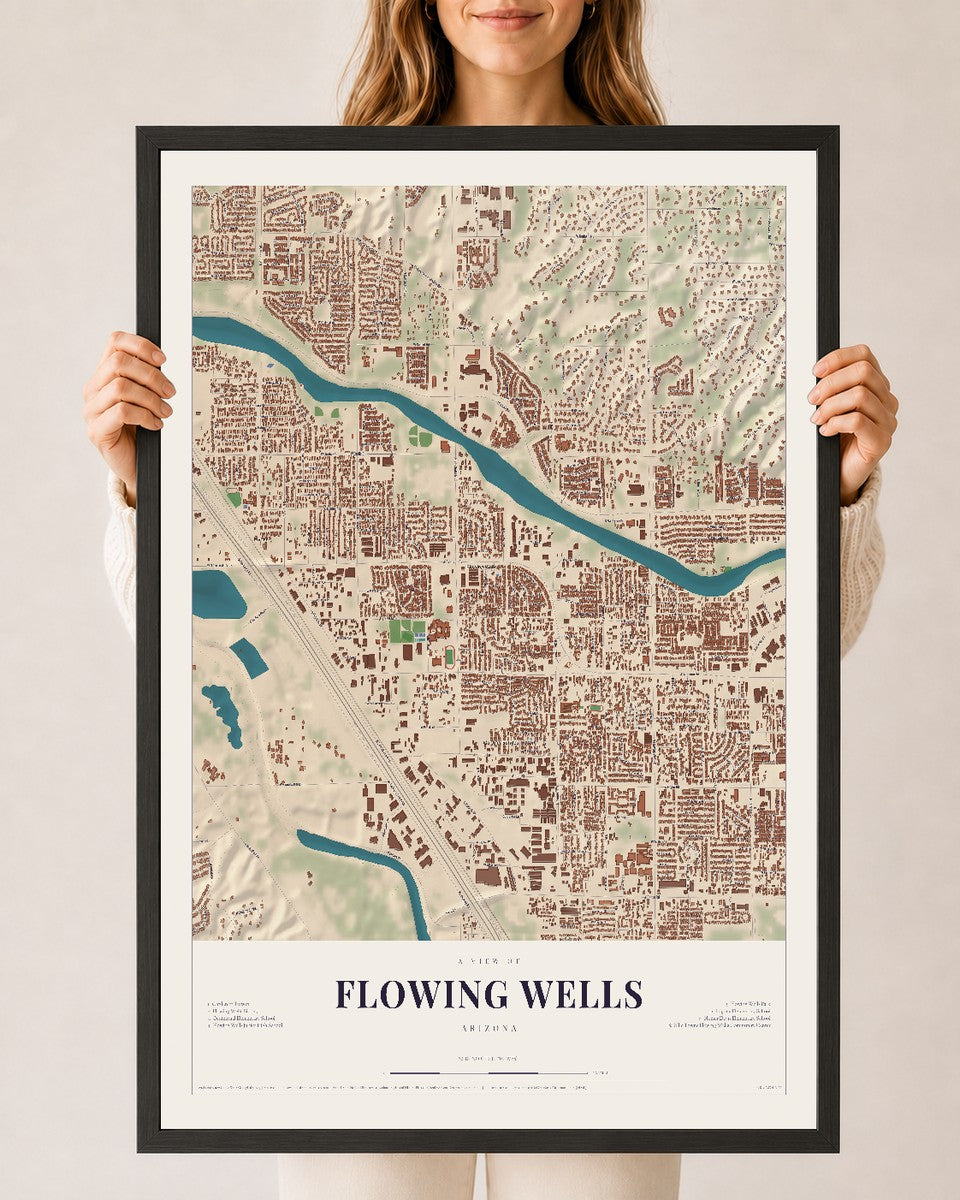 Map of Flowing Wells, Arizona, 24 x 36 inch print in a black wood frame